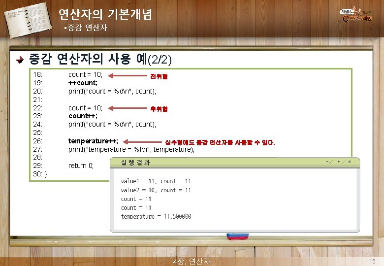 연산자의 기본개념 §증감 연산자의 사용 예(2/2) 18: 19: 20: 21: 22: 23: 24: 25: