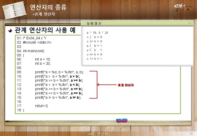 연산자의 종류 §관계 연산자의 사용 예 01: /* Ex 04_04. c */ 02: #include