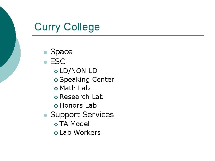 Curry College l l Space ESC LD/NON LD ¡ Speaking Center ¡ Math Lab