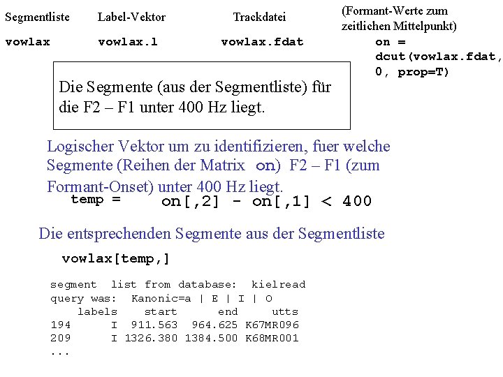 Segmentliste Label-Vektor Trackdatei vowlax. l vowlax. fdat Die Segmente (aus der Segmentliste) für die