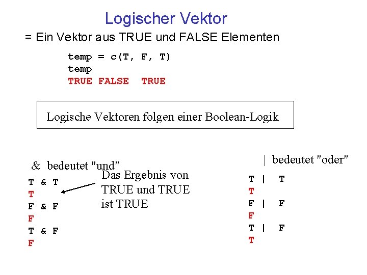 Logischer Vektor = Ein Vektor aus TRUE und FALSE Elementen temp = c(T, F,