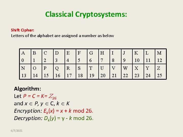 Classical Cryptosystems: Shift Cipher: Letters of the alphabet are assigned a number as below