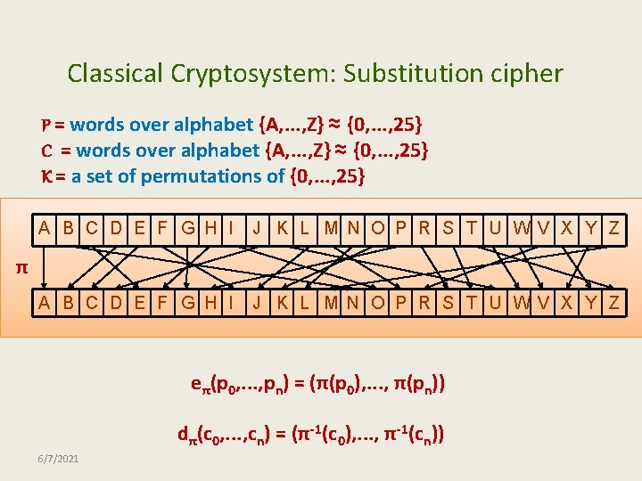Classical Cryptosystem: Substitution cipher P = words over alphabet {A, . . . ,