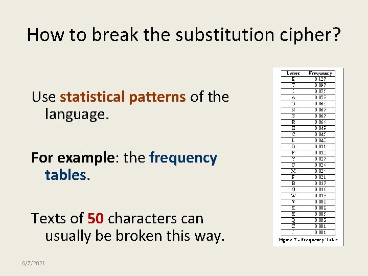 How to break the substitution cipher? Use statistical patterns of the language. For example: