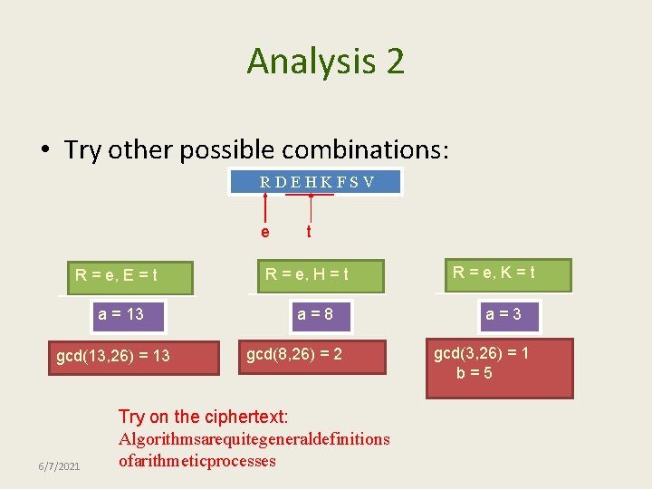 Analysis 2 • Try other possible combinations: RDEHKFSV e R = e, E =