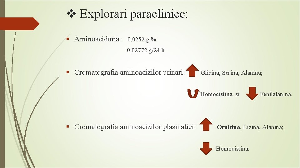 v Explorari paraclinice: § Aminoaciduria : 0, 0252 g % 0, 02772 g/24 h