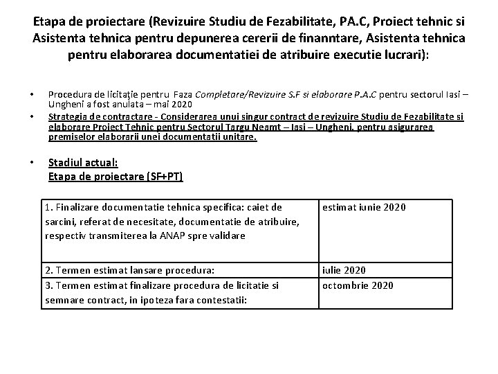 Etapa de proiectare (Revizuire Studiu de Fezabilitate, PA. C, Proiect tehnic si Asistenta tehnica