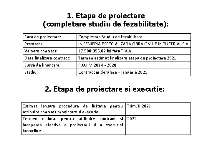1. Etapa de proiectare (completare studiu de fezabilitate): Faza de proiectare: Prestator: Valoare contract:
