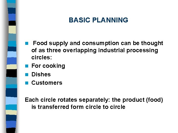 BASIC PLANNING Food supply and consumption can be thought of as three overlapping industrial