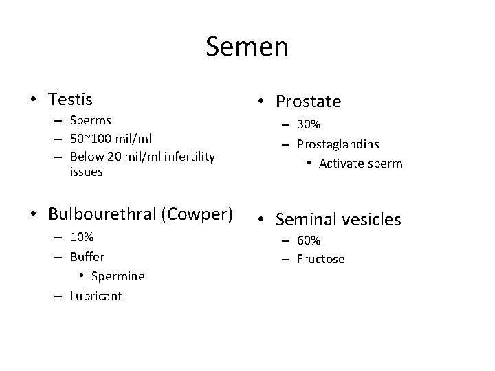 Semen • Testis – Sperms – 50~100 mil/ml – Below 20 mil/ml infertility issues