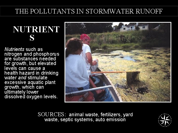 THE POLLUTANTS IN STORMWATER RUNOFF NUTRIENT S Nutrients such as nitrogen and phosphorus are