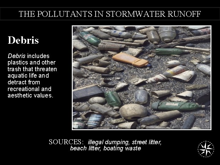 THE POLLUTANTS IN STORMWATER RUNOFF Debris includes plastics and other trash that threaten aquatic