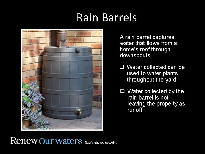 Rain Barrels A rain barrel captures water that flows from a home’s roof through