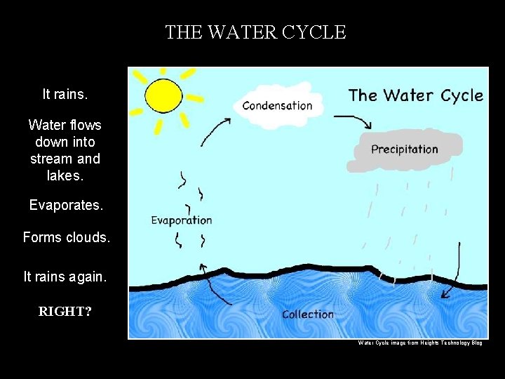 THE WATER CYCLE It rains. Water flows down into stream and lakes. Evaporates. Forms