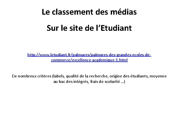 Le classement des médias Sur le site de l’Etudiant http: //www. letudiant. fr/palmares-des-grandes-ecoles-decommerce/excellence-academique-1. html