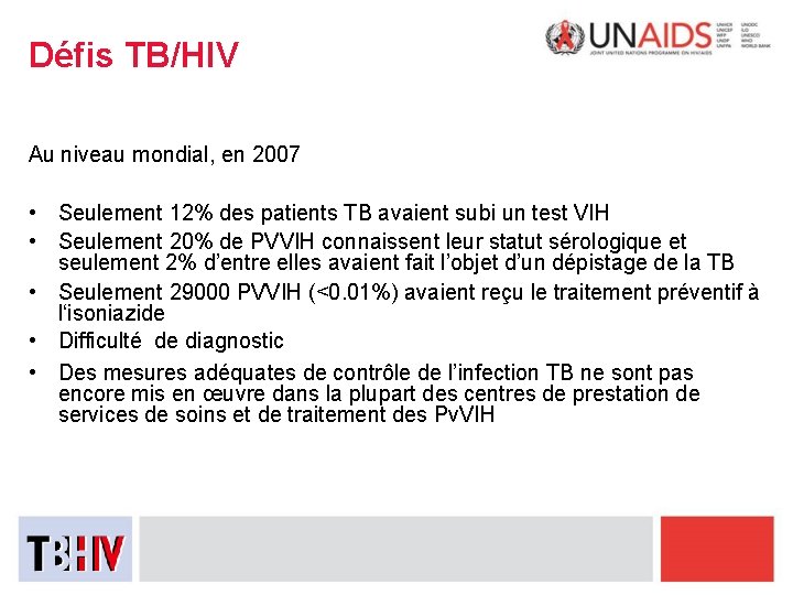 Défis TB/HIV Au niveau mondial, en 2007 • Seulement 12% des patients TB avaient