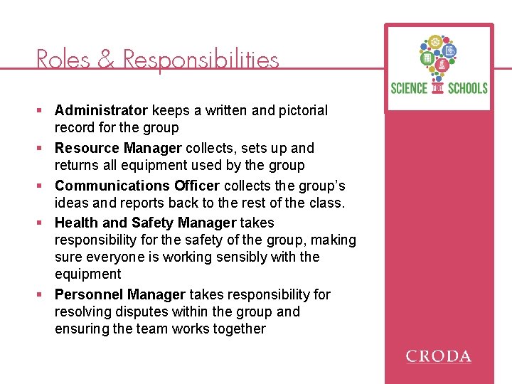 Roles & Responsibilities § Administrator keeps a written and pictorial record for the group