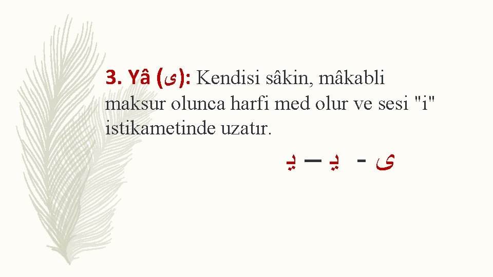 3. Yâ ( )ﻯ : Kendisi sâkin, mâkabli maksur olunca harfi med olur ve