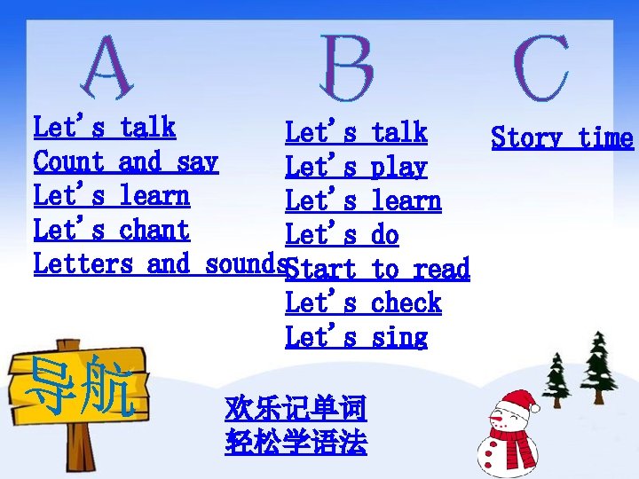 Let's talk Let's Count and say Let's learn Let's chant Let's Letters and sounds.