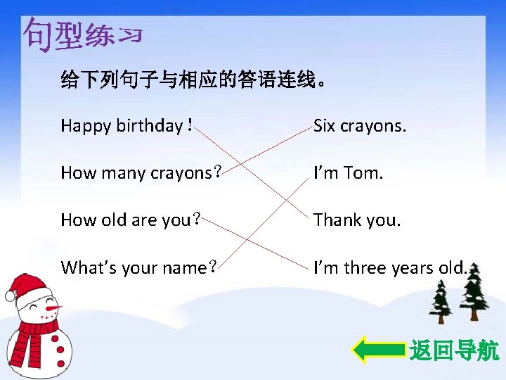 给下列句子与相应的答语连线。 Happy birthday！ Six crayons. How many crayons？ I’m Tom. How old are you？