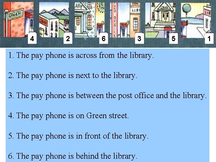 4 2 6 3 5 1. The pay phone is across from the library. 4 2 6 3 5 1. The pay phone is across from the library.