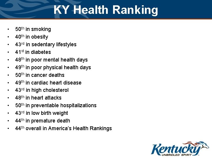 KY Health Ranking • • • • 50 th in smoking 40 th in KY Health Ranking • • • • 50 th in smoking 40 th in