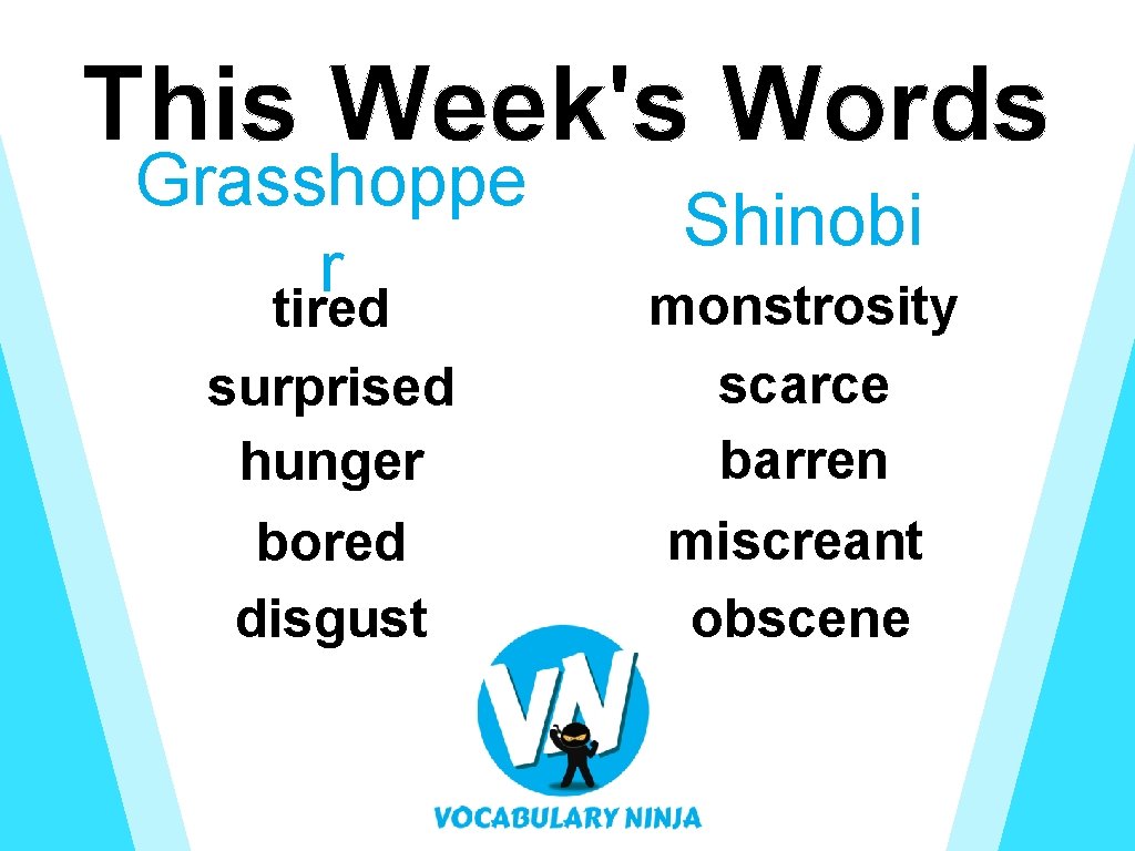 This Week's Words Grasshoppe r tired surprised hunger bored disgust Shinobi monstrosity scarce barren This Week's Words Grasshoppe r tired surprised hunger bored disgust Shinobi monstrosity scarce barren