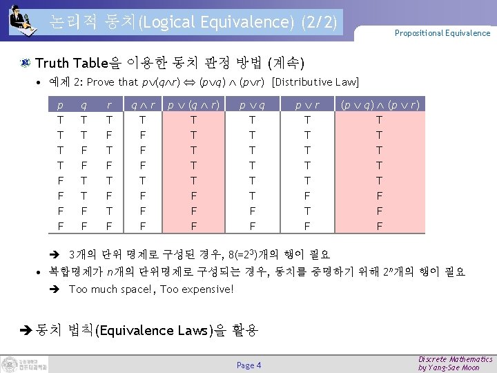 논리적 동치(Logical Equivalence) (2/2) Propositional Equivalence Truth Table을 이용한 동치 판정 방법 (계속) •