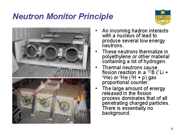 Neutron Monitor Principle • An incoming hadron interacts with a nucleus of lead to