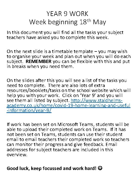 YEAR 9 WORK Week beginning 18 th May In this document you will find