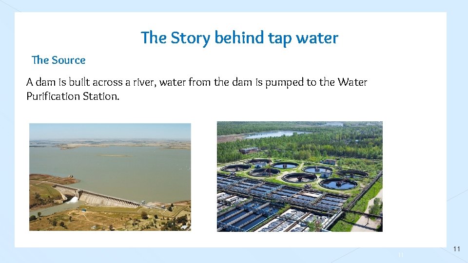 The Story behind tap water The Source A dam is built across a river,