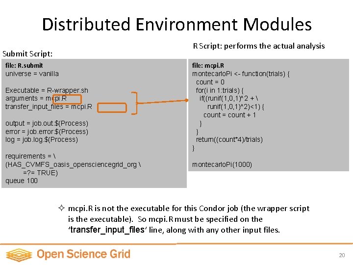 Distributed Environment Modules R Script: performs the actual analysis Submit Script: file: R. submit