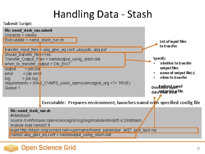 Submit Script: Handling Data - Stash file: namd_stash_run. submit Universe = vanilla Executable =