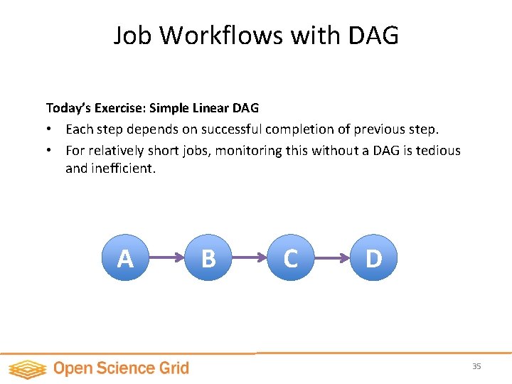 Job Workflows with DAG Today’s Exercise: Simple Linear DAG • Each step depends on
