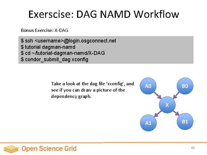 Exerscise: DAG NAMD Workflow Bonus Exercise: X-DAG $ ssh <username>@login. osgconnect. net $ tutorial