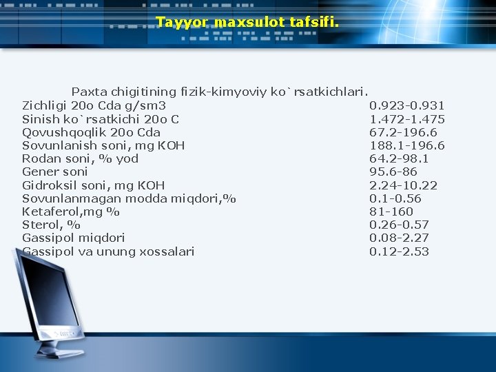 Tayyor maxsulot tafsifi. Paxta chigitining fizik-kimyoviy ko`rsatkichlari. Zichligi 20 o Cda g/sm 3 0.