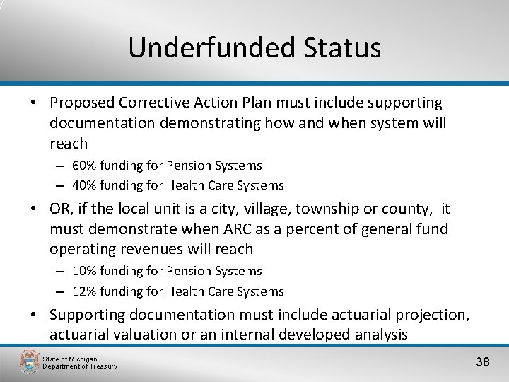 Underfunded Status • Proposed Corrective Action Plan must include supporting documentation demonstrating how and