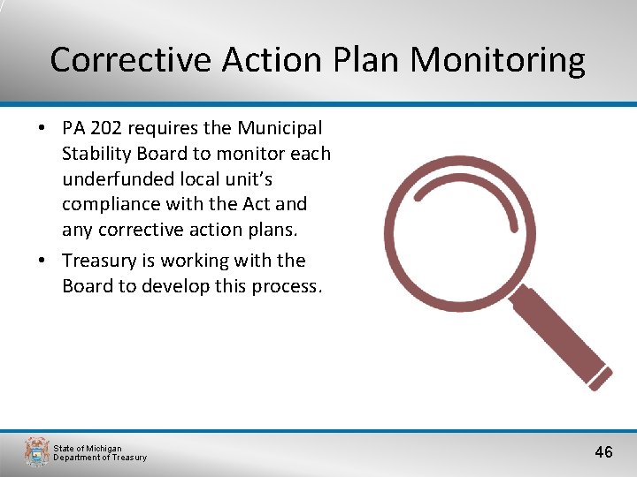 Corrective Action Plan Monitoring • PA 202 requires the Municipal Stability Board to monitor