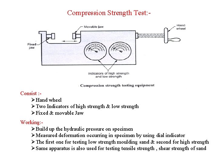 Compression Strength Test: - Consist : ØHand wheel ØTwo Indicators of high strength &