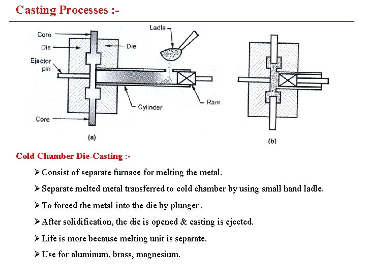 Casting Processes : - Cold Chamber Die-Casting : - ØConsist of separate furnace for