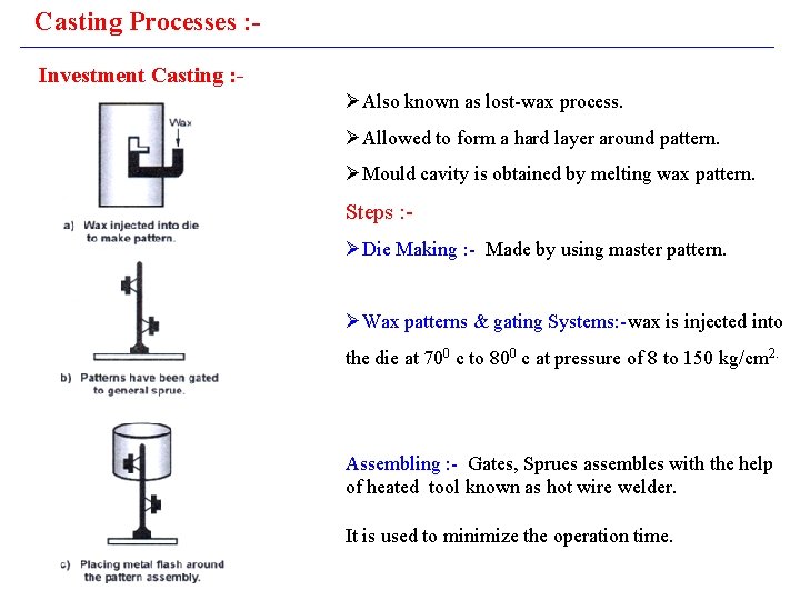 Casting Processes : Investment Casting : ØAlso known as lost-wax process. ØAllowed to form