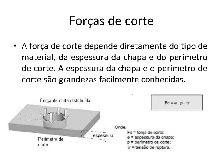 Forças de corte • A força de corte depende diretamente do tipo de material,