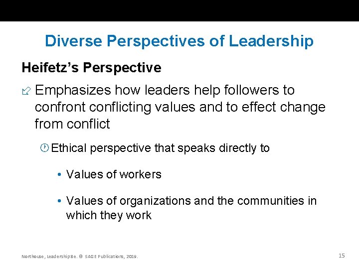 Diverse Perspectives of Leadership Heifetz’s Perspective Emphasizes how leaders help followers to confront conflicting