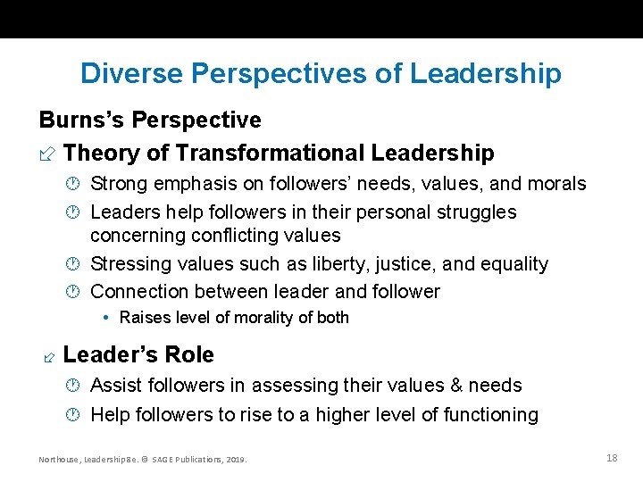 Diverse Perspectives of Leadership Burns’s Perspective Theory of Transformational Leadership · Strong emphasis on