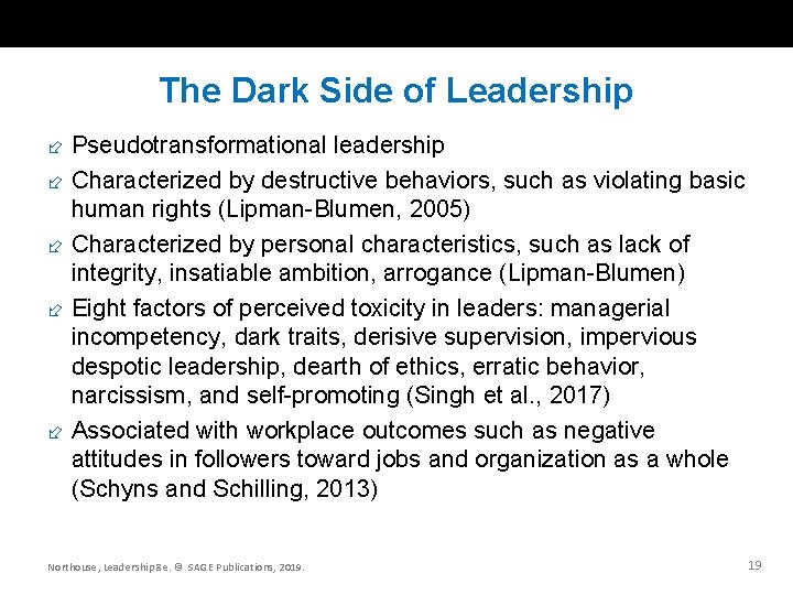 The Dark Side of Leadership Pseudotransformational leadership Characterized by destructive behaviors, such as violating