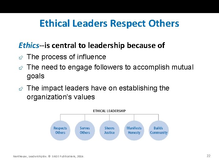 Ethical Leaders Respect Others Ethics--is central to leadership because of The process of influence