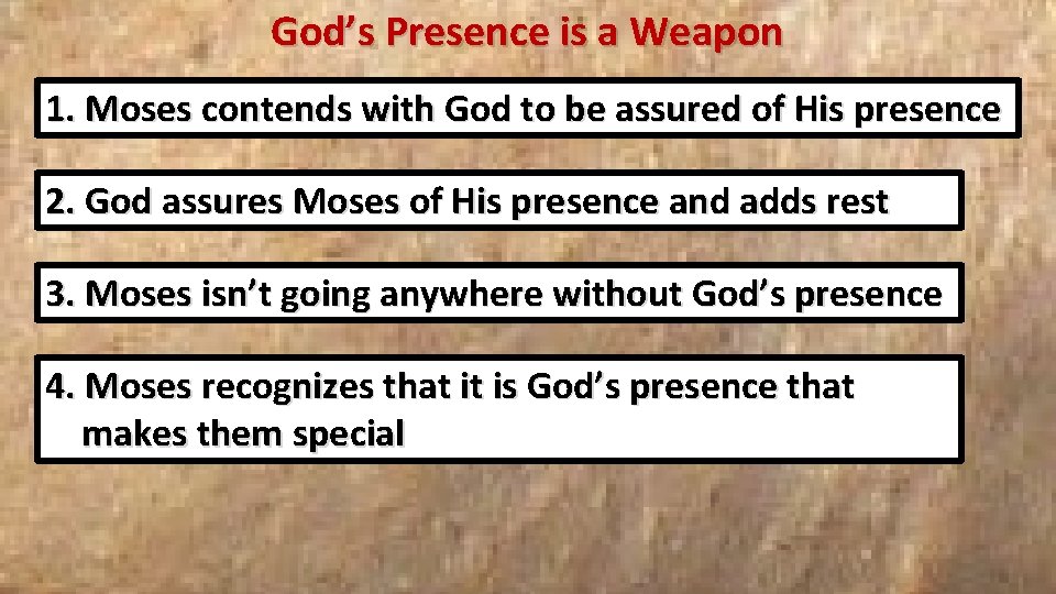 God’s Presence is a Weapon 1. Moses contends with God to be assured of