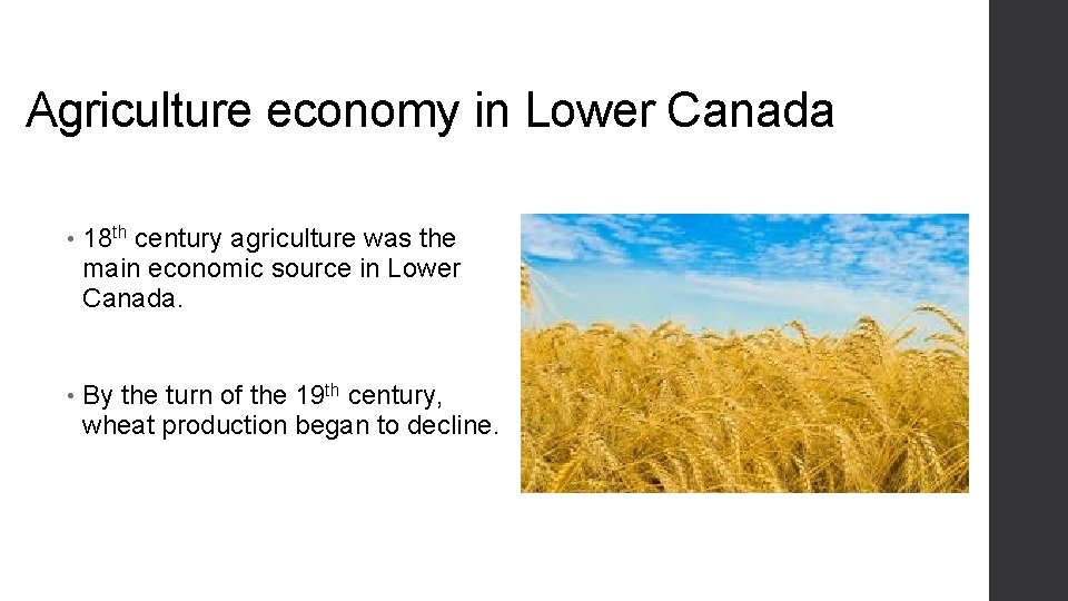 Agriculture economy in Lower Canada • 18 th century agriculture was the main economic