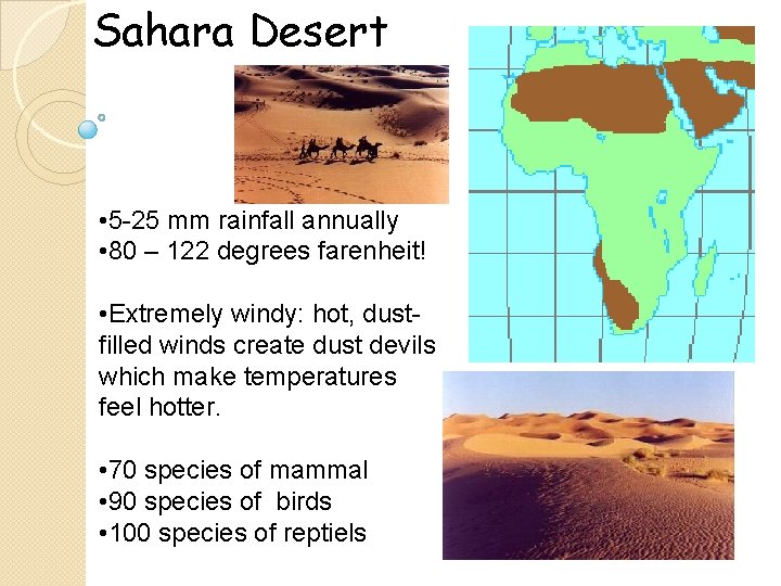 Sahara Desert • 5 -25 mm rainfall annually • 80 – 122 degrees farenheit!