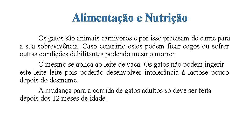 Alimentação e Nutrição Os gatos são animais carnívoros e por isso precisam de carne